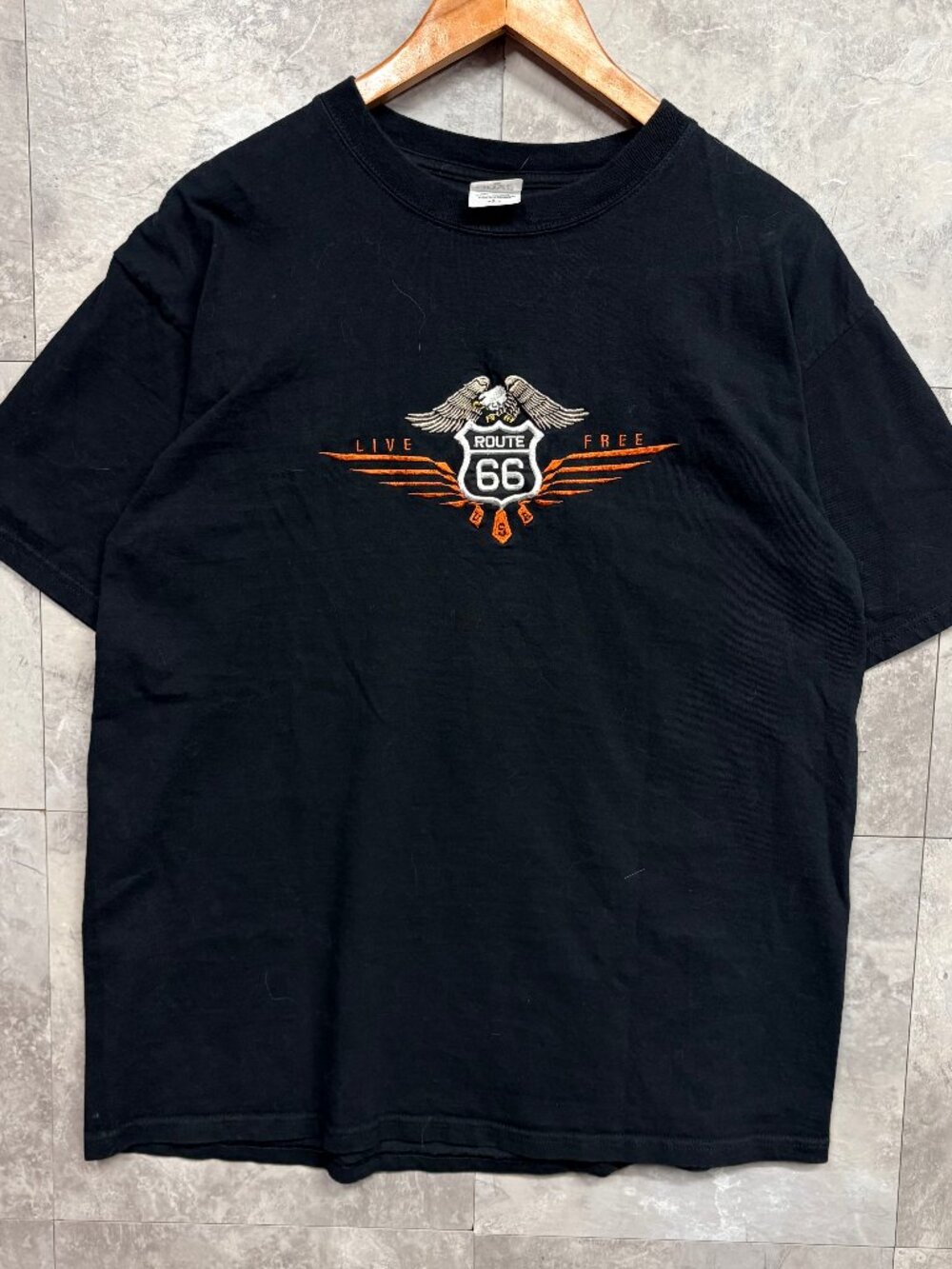 Anvil Route 66 Live Free Eagle T Shirt Men's L Black Embroidered Y2K Biker